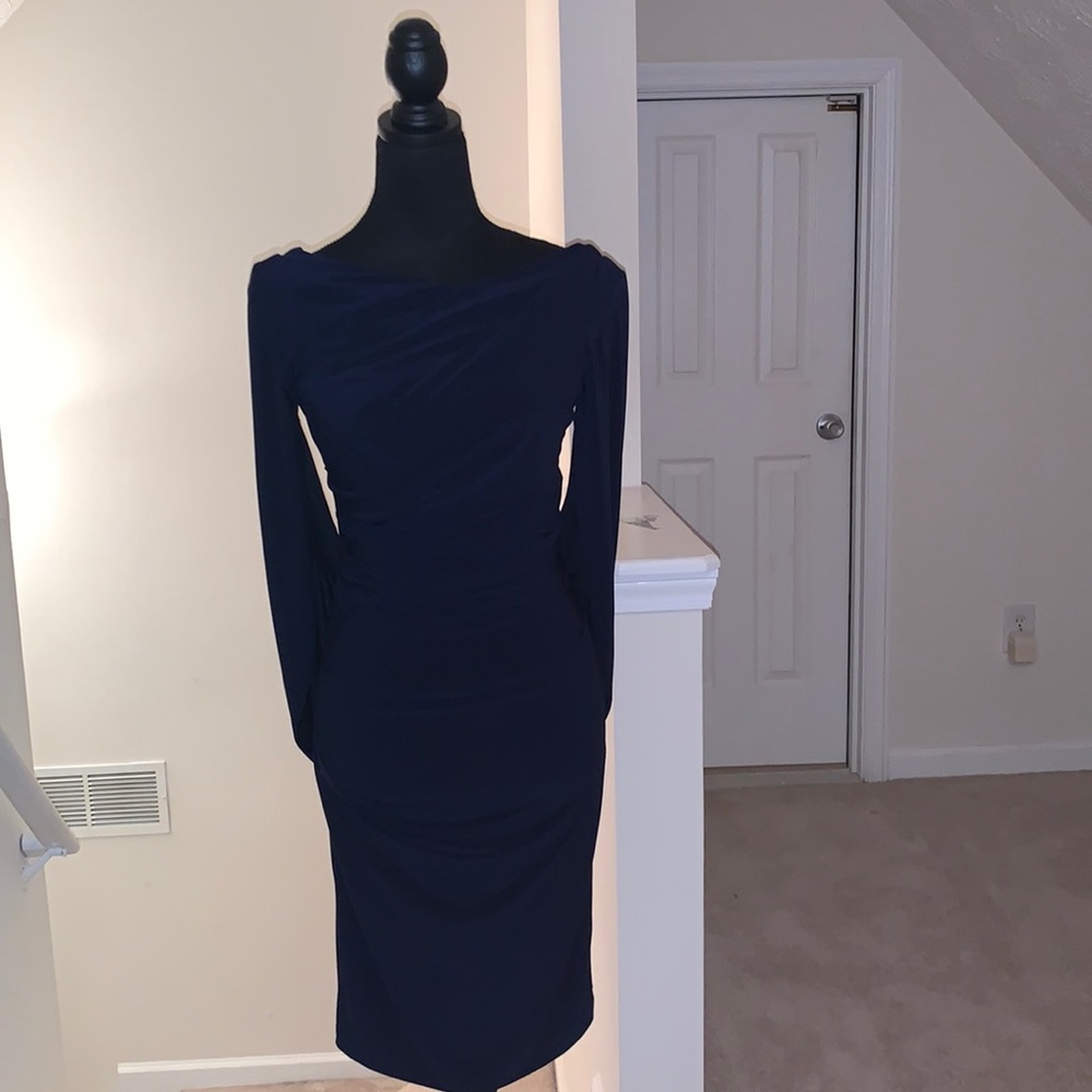 Betsy & Adam Navy Connected Sleeve Cocktail Dress